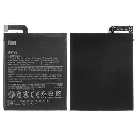 Акумулятор BM39 для Xiaomi Mi 6, Li Polymer, 3,85 B, 3350 мАг, Original PRC , MCE16