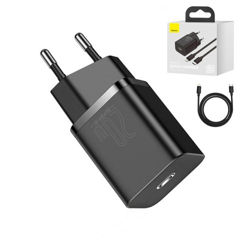 Мережевий зарядний пристрій Baseus Super Si, 20 Вт, Quick Charge, чорний, з кабелем USB тип C до Lightning для Apple, 1 порт, #TZCCSUP B01