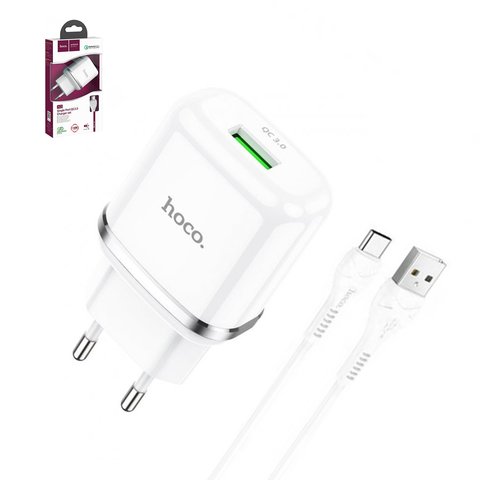 Сетевое зарядное устройство Hoco N3, 18 Вт, Quick Charge, белый, с USB кабелем тип C, 1 порт, #6931474729392