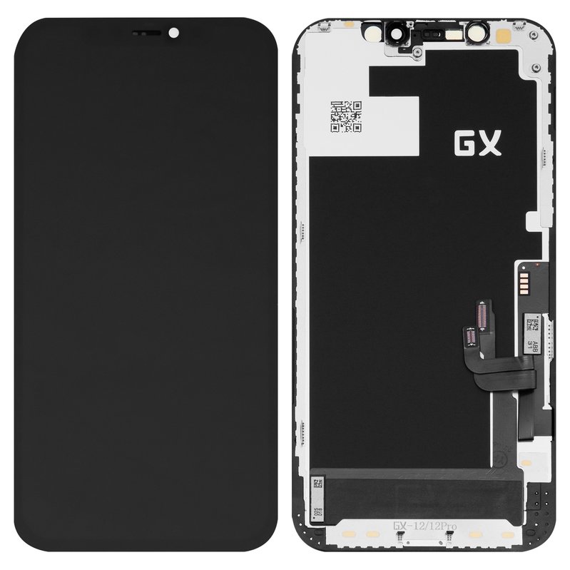 Pantalla LCD puede usarse con iPhone 12, iPhone 12 Pro, negro, con marco,  HC, con plásticos de cámara y sensor de acercamiento, (OLED), GX OEM hard -  GsmServer