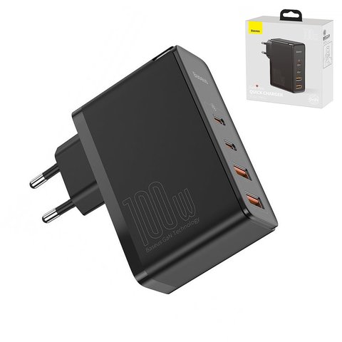 Мережевий зарядний пристрій Baseus GaN2 Pro, 100 Вт, Quick Charge, чорний, з кабелем USB тип C до USB тип C, 4 порта, #CCGAN2P L01