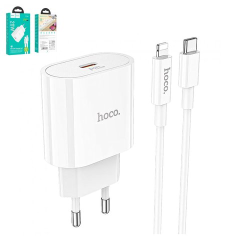 Мережевий зарядний пристрій Hoco C94A, 20 Вт, Fast Charge, 220 В, білий, з кабелем USB тип C до Lightning для Apple, 1 порт
