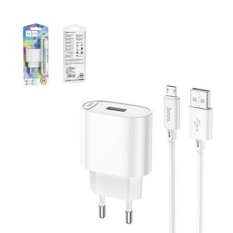 Мережевий зарядний пристрій Hoco C109A, 18 Вт, Quick Charge, 220 В, білий, з micro USB кабелем тип В, 1 порт, #6931474784827