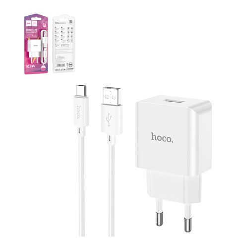 Сетевое зарядное устройство Hoco C106A, 220 В, белый, с USB кабелем тип C, 1 порт, #6931474783912